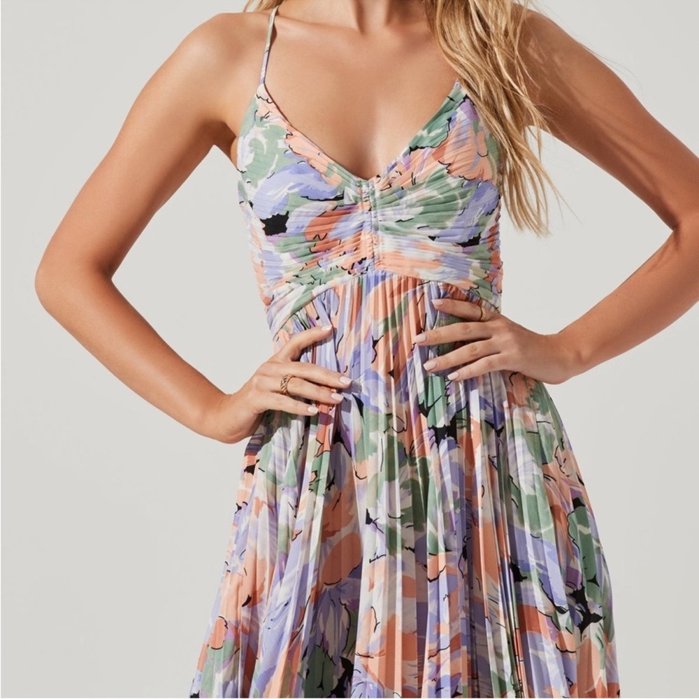 Astr Floral Strapless Pleated Maxi Dress in Pastel Peach, Lavender & Sage
